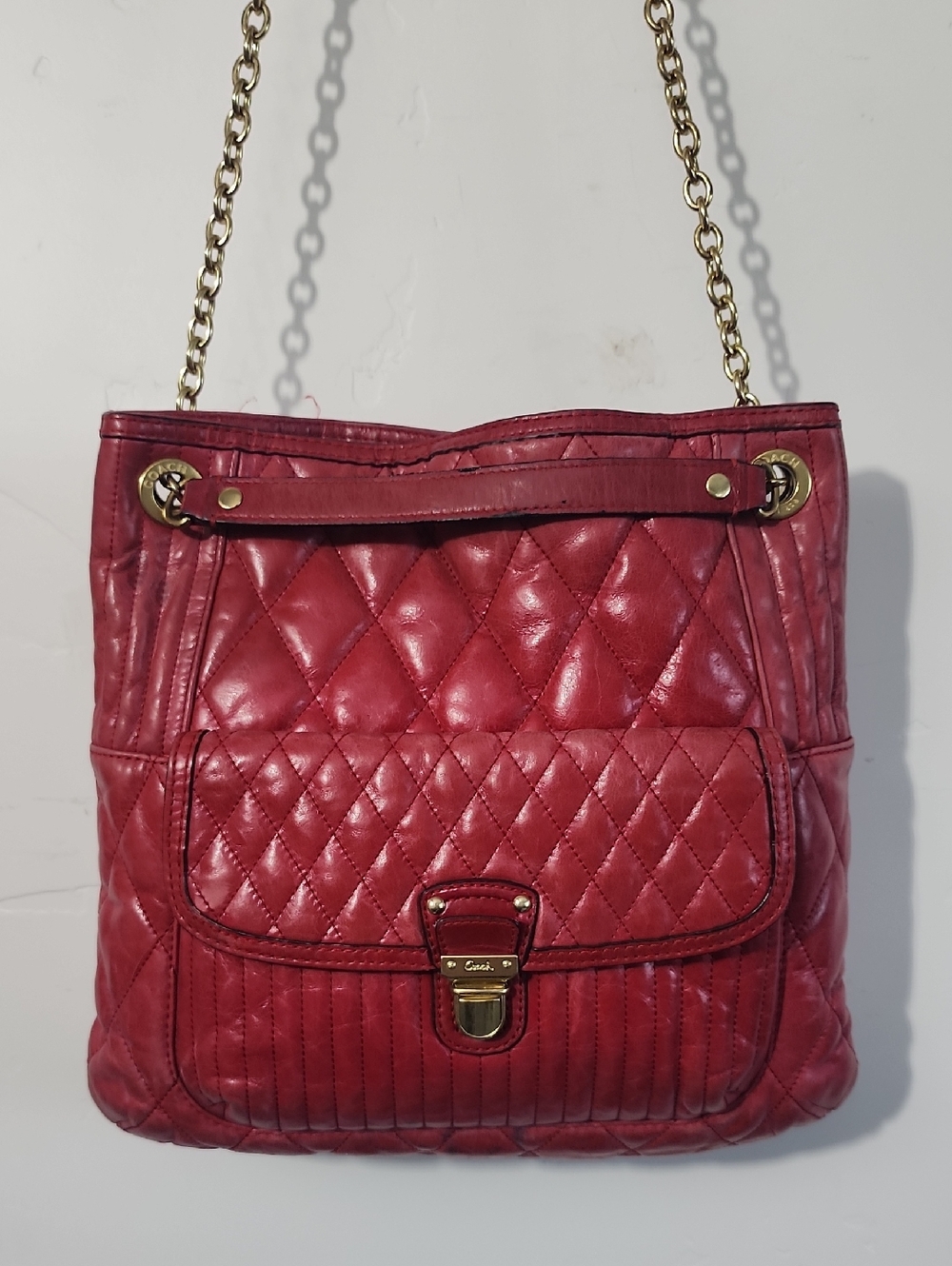 Coach Quilted Red Leather Shoulder Bag with Gold Chain